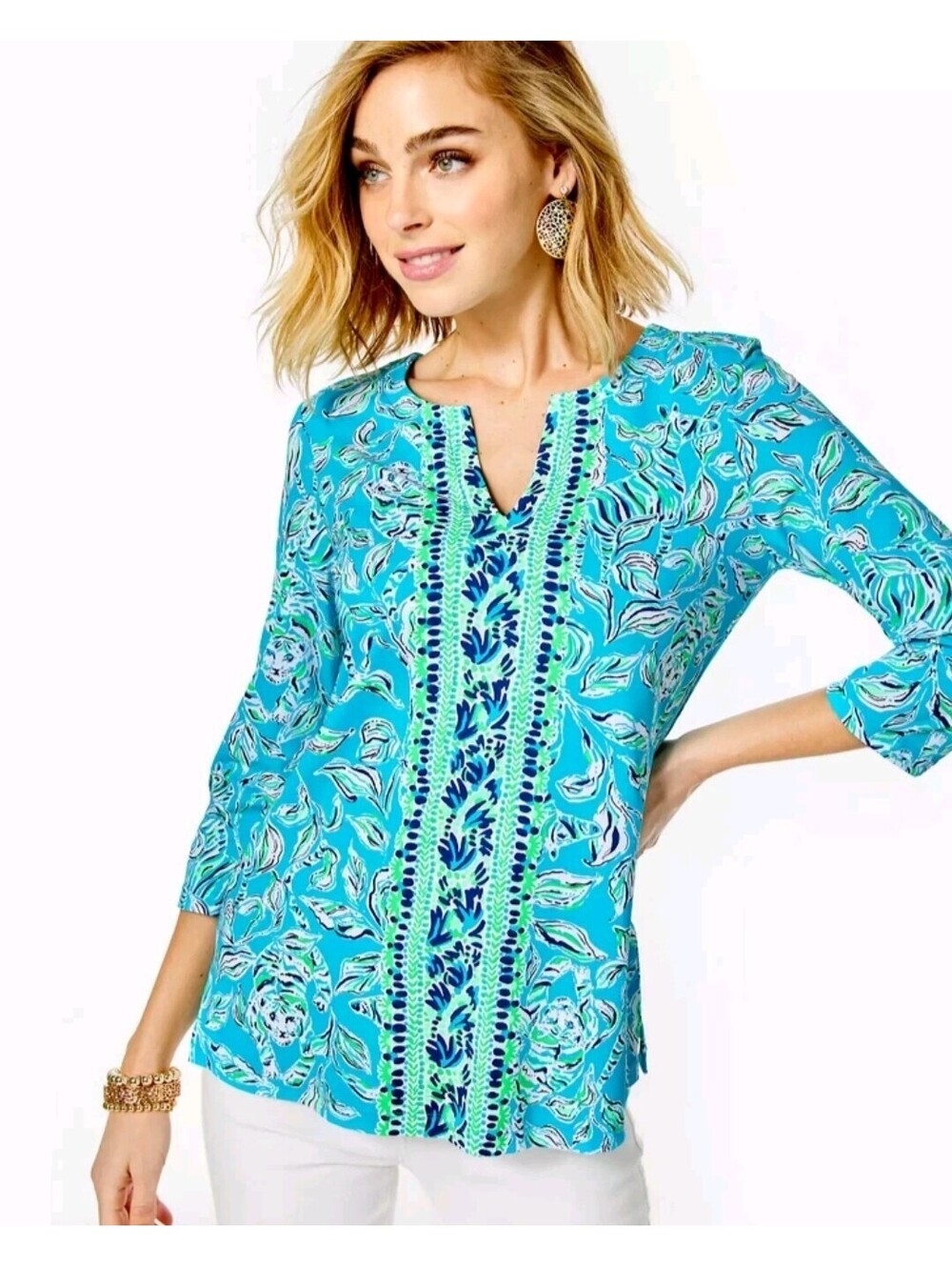 NWOT LILLY PULITZER KARINA TUNIC TOP Women's M OUTTA LINE TURQUOISE OASIS SPF 50
